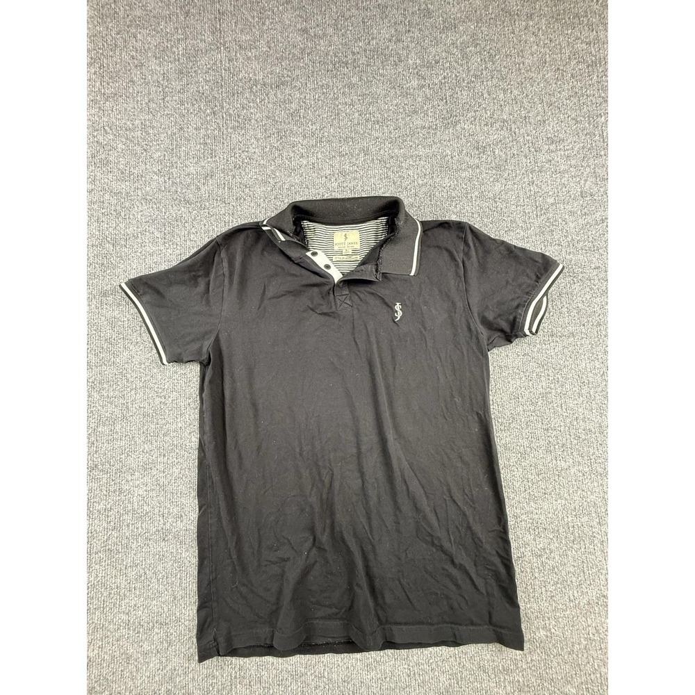 Scott James Polo Shirt Mens Large Black Stretch Logo Trim Jersey Knit Casual